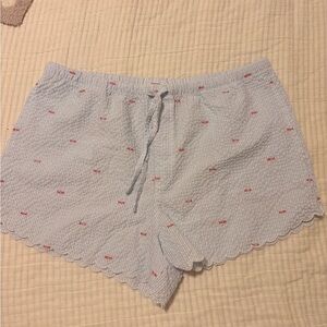 Women’s Light Blue Seersucker Sleep Shorts with Embroidery